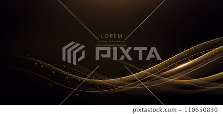 Gold wave lines on dark background with lighting effect and glitter with copy space for text. 110650830