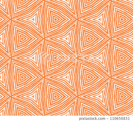 Ikat repeating swimwear design. Orange symmetrical kaleidoscope background. Textile ready wonderful print, swimwear fabric, wallpaper, wrapping. Summer ikat sweamwear pattern. 110650831
