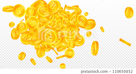 Thai baht coins falling. Gold scattered THB coins. Thailand money. Great business success concept. Wide vector illustration. Thai baht coins falling. Gold scattered THB coins. Thailand money. Great business success concept. Wide vector illustration. 110650852
