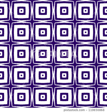 Ikat repeating swimwear design. Purple symmetrical kaleidoscope background. Textile ready fabulous print, swimwear fabric, wallpaper, wrapping. Summer ikat sweamwear pattern. 110650868