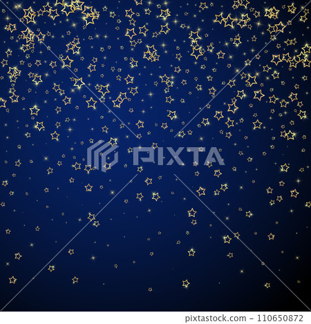 Gold sparkling star confetti. Chaotic dreamy childish overlay template. Festive stars vector illustration on dark blue background. Gold sparkling star confetti. Chaotic dreamy childish overlay template. Festive stars vector illustration on dark blue background. 110650872