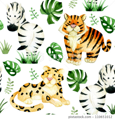 seamless pattern of animals, safari. watercolor drawing tiger, leopard, zebra. print for children 110651012
