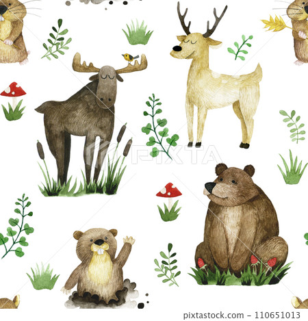 cute seamless pattern with forest animals. watercolor print of realistic animals for kids. bear, elk, deer, marmot, hamster 110651013