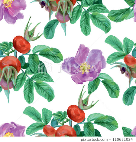 Rose hips, flowers and berries, seamless pattern. Graphic illustration. Cards, invitations, banners, packaging, covers, textiles, wallpaper. Rose hips, flowers and berries, seamless pattern. Graphic illustration. Cards, invitations, banners, packaging, covers, textiles, wallpaper. 110651024