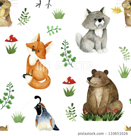 cute seamless pattern with forest animals. watercolor print of realistic animals for kids. bear, wolf, fox, hamster 110651026