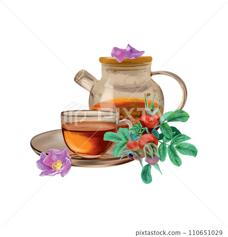 Cup of tea, teapot, rose hips, flowers, berries. Vector illustration in graphic style. Cards, invitations, banners, packaging, covers, labels, flyers. Cup of tea, teapot, rose hips, flowers, berries. Vector illustration in graphic style. Cards, invitations, banners, packaging, covers, labels, flyers. 110651029