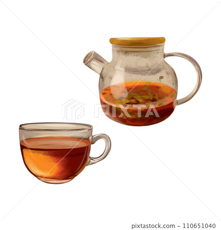 Cup of tea, teapot. Vector illustration in graphic style. Design element for cards, invitations, spring banners, packaging, covers, labels, flyers. Cup of tea, teapot. Vector illustration in graphic style. Design element for cards, invitations, spring banners, packaging, covers, labels, flyers. 110651040