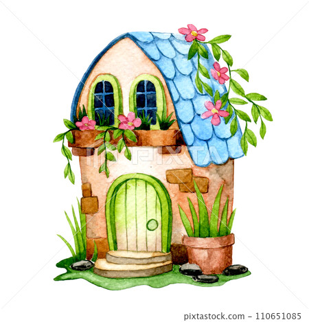 cute flower house, watercolor drawing with fairy house in flower garden cute flower house, watercolor drawing with fairy house in flower garden 110651085