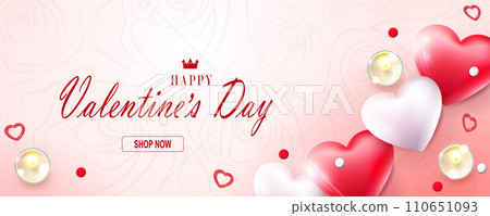 Light red Happy Valentine's Day poster, composition with hearts 110651093
