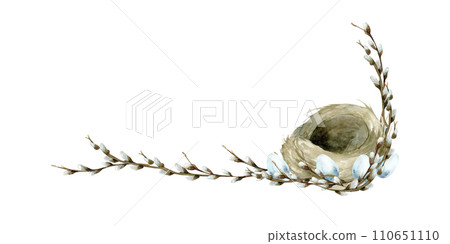 Watercolor spring Easter nest with willow branches arrangement. Hand drawn empty bird nest with blue eggs and floral decoration for cad, invitation, label ,packing template 110651110
