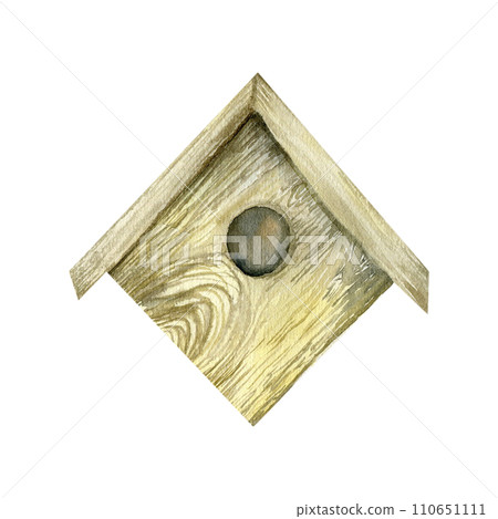 Watercolor birdhouse illustration. Hand drawn wooden birdhouse with roof and hole , nesting place. Spring, rustic, vintage design. Invitation, greeting card, textile design 110651111