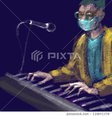 Pianist plays the piano. Single masked musician. Black and white musical sketch. Hand drawn illustration. Pianist plays the piano. Single masked musician. Black and white musical sketch. Hand drawn illustration. 110651379