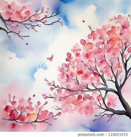 櫻花和蝴蝶的水彩畫 AI 生成圖像 110651415