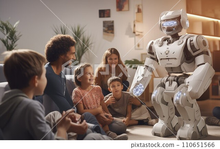 AI-generated content. A humanoid robot interacts with a group of happy children and teachers AI-generated content. A humanoid robot interacts with a group of happy children and teachers 110651566