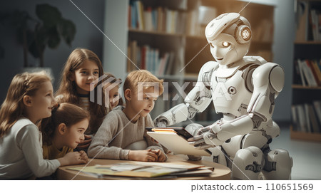 AI-generated content. A humanoid robot interacts with a group of fascinated children 110651569
