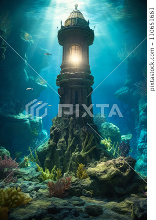 Fantasy underwater scene with an ancient lighthouse amongst coral reefs, bathed in ethereal sunlight. Generative Ai. 110651661