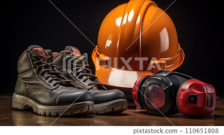 A professional arrangement of safety work boots, hard hat, and protective ear muffs on a black background, essential for workplace safety. Generative Ai. 110651808