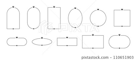 Linear frames with a crown and in the form of arches. Minimalistic aesthetic elements. Pack of vector isolated illustrations on a white background. 110651903