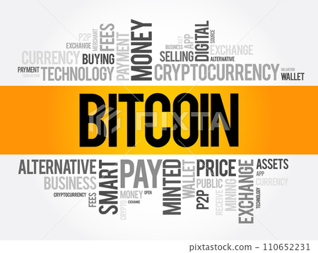 Bitcoin - decentralized digital currency, without a central bank or single administrator, word cloud concept background 110652231
