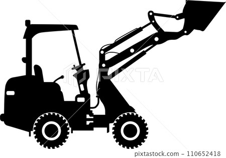 Silhouette of Compact Skid Steer Loader with Bucket and Wheels Icon in Flat Style. Vector Illustration 110652418