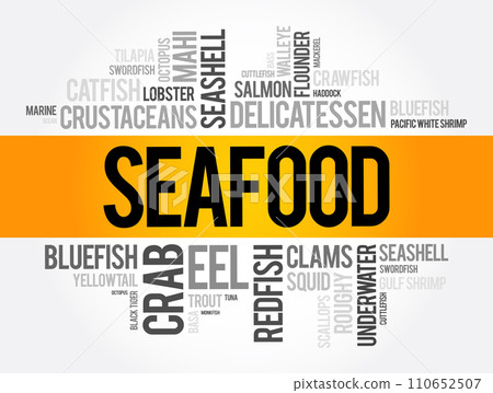 Seafood word cloud collage, food concept background 110652507