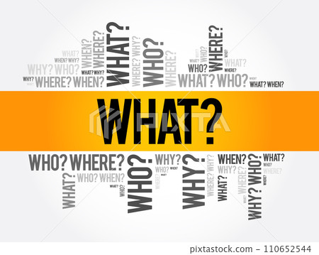 WHAT? Question and Questions whose answers are considered basic in information gathering or problem solving, word cloud background 110652544