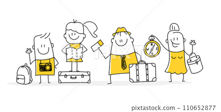 Travel stick figures with travel bag backpack and map, going on vacation trip. 110652877