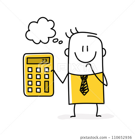 Stick figure holding calculator thinking, rejoicing. 110652936
