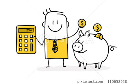 Stickman with calculator holding money into piggy bank. 110652938