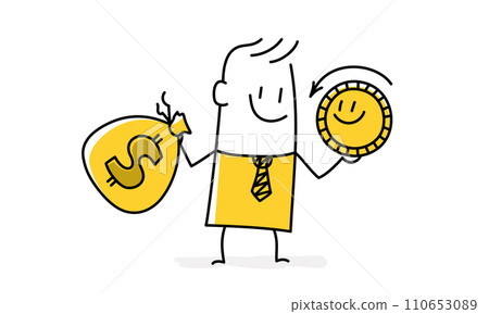 Stick figure holding bag of coins. 110653089