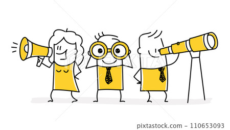 Man with binoculars and spy glass, women with loudspeaker. 110653093