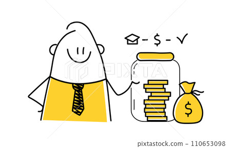 Businessman show glass jar with full of coins. Businessman show glass jar with full of coins. 110653098