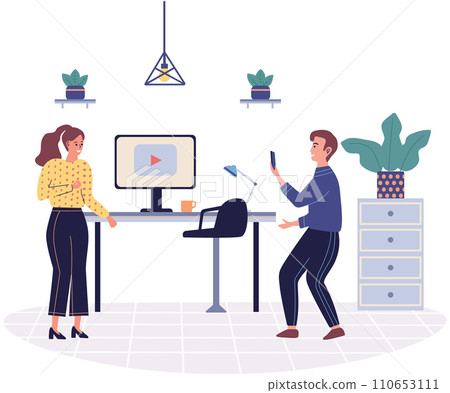 Office playing vector illustration. Balancing work and play in office c lead to greater job satisfaction and employee engagement Incorporating elements play into workplace c create more joyful 110653111
