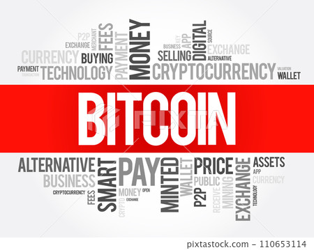 Bitcoin - decentralized digital currency, without a central bank or single administrator, word cloud concept background 110653114
