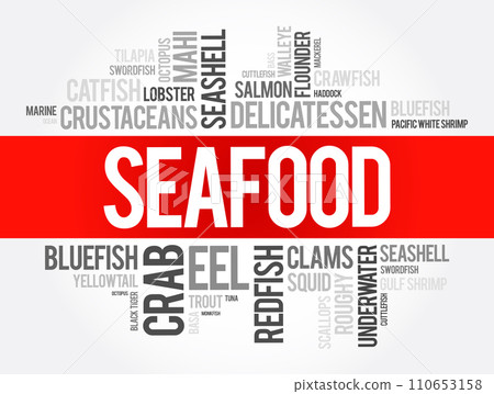 Seafood word cloud collage, food concept background Seafood word cloud collage, food concept background 110653158