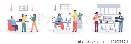 Office playing vector illustration. Employment in company provides opportunities for both professional growth and recreational activities The workplace is not just about work it c also be platform 110653174