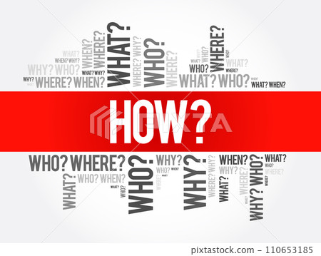 HOW? Question word and questions whose answers are considered basic in information gathering or problem solving, word cloud background HOW? Question word and questions whose answers are considered basic in information gathering or problem solving, word cloud background 110653185