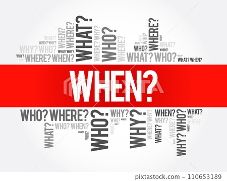 WHEN? Question and Questions whose answers are considered basic in information gathering or problem solving, word cloud background 110653189