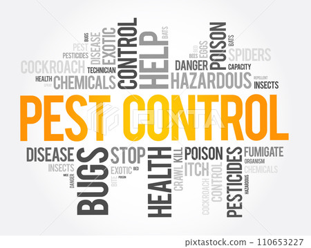 Pest Control - regulation or management of a species defined as a pest, that impacts adversely on human activities, word cloud concept background Pest Control - regulation or management of a species defined as a pest, that impacts adversely on human activities, word cloud concept background 110653227
