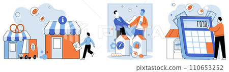 Local business. Vector illustration. Economic conditions impact profitability and growth potential local businesses Adopting economical practices allows businesses to optimize costs and maximize Local business. Vector illustration. Economic conditions impact profitability and growth potential local businesses Adopting economical practices allows businesses to optimize costs and maximize 110653252