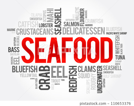 Seafood word cloud collage, food concept background Seafood word cloud collage, food concept background 110653376