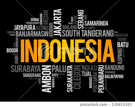 List of cities and towns in Indonesia, word cloud collage, business and travel concept background List of cities and towns in Indonesia, word cloud collage, business and travel concept background 110653383