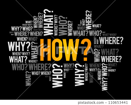 HOW? Question word and questions whose answers are considered basic in information gathering or problem solving, word cloud background 110653441