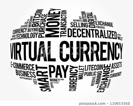 Virtual currency - digital representation of value only available in electronic form, word cloud concept background 110653568