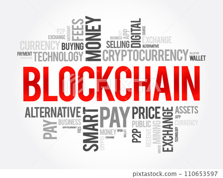 Blockchain cryptocurrency coin word cloud collage, business concept background 110653597