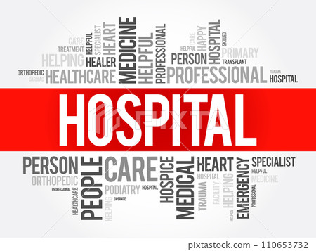 Hospital - an institution providing medical and surgical treatment and nursing care for sick or injured people, word cloud concept background 110653732