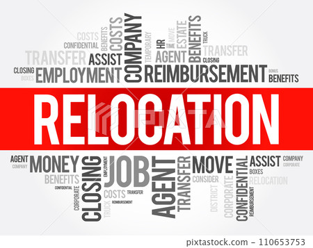 Relocation - process of leaving one's dwelling and settling in another, word cloud concept background Relocation - process of leaving one's dwelling and settling in another, word cloud concept background 110653753
