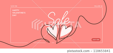 Happy valentines day, love vector background. Minimal romantic sale design with two hearts continuous one line, simple shape greeting text. Heart couple in modern line art style. Online shop template Happy valentines day, love vector background. Minimal romantic sale design with two hearts continuous one line, simple shape greeting text. Heart couple in modern line art style. Online shop template 110653841