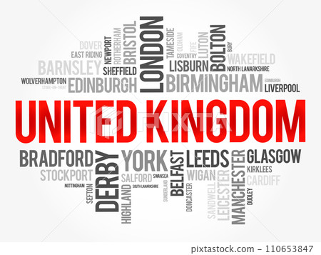 List of cities and towns in the United Kingdom, word cloud collage, travel concept background 110653847
