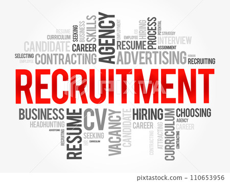 Recruitment - overall process of identifying, sourcing, screening, shortlisting, and interviewing candidates for jobs within an organization, word cloud concept background 110653956